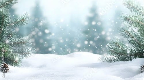 blur white snow and pine forest winter background. Christmas and new year backdrop for festive seasonal decoration