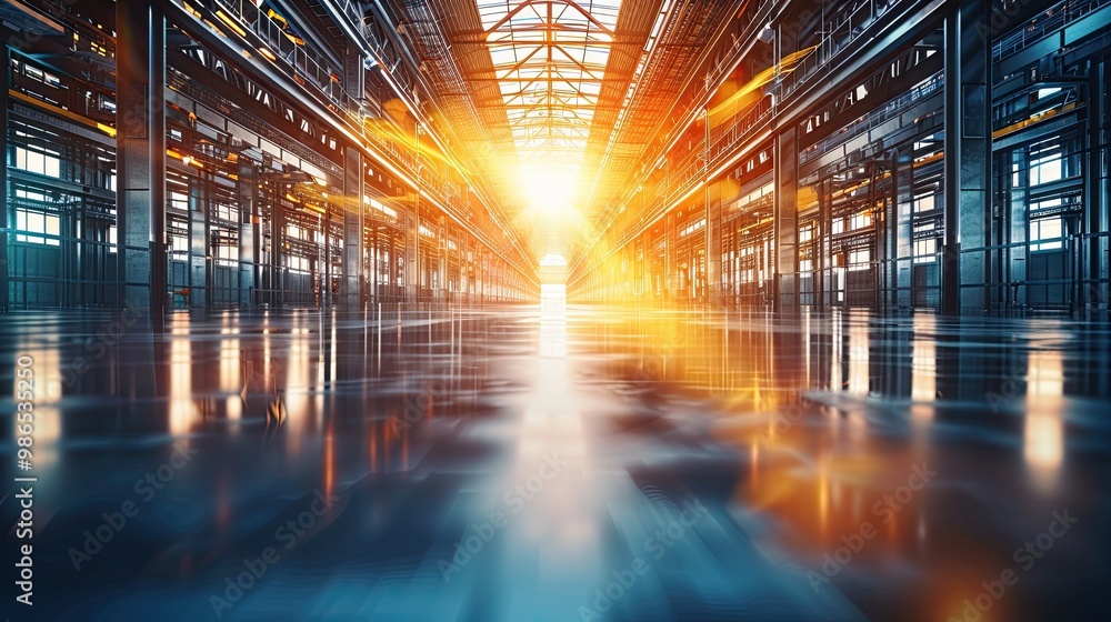 Large empty warehouse naturally lit by sunlight from the windows. Industrial infrastructure facility. Industrial infrastructure facility. Modern storehouse. Illustration for advertising, presentation. Large empty warehouse naturally lit by sunlight from the windows. Industrial infrastructure facility. Industrial infrastructure facility. Modern storehouse. Illustration for advertising, presentation.