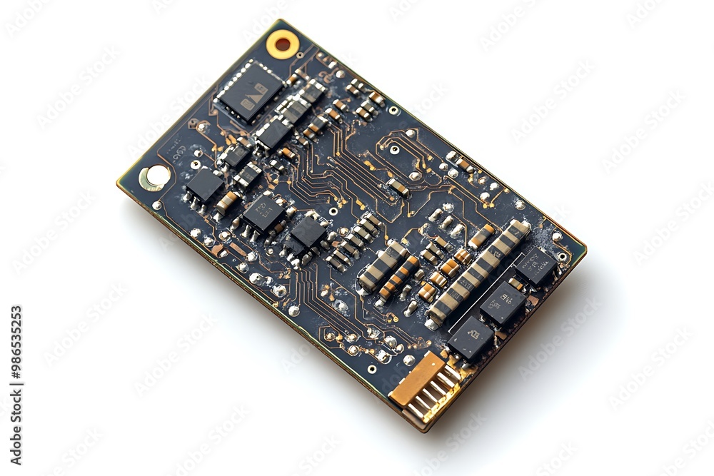 Close up of a black circuit board with various components. Technological and industrial design concept. Close up of a black circuit board with various components. Technological and industrial design concept.
