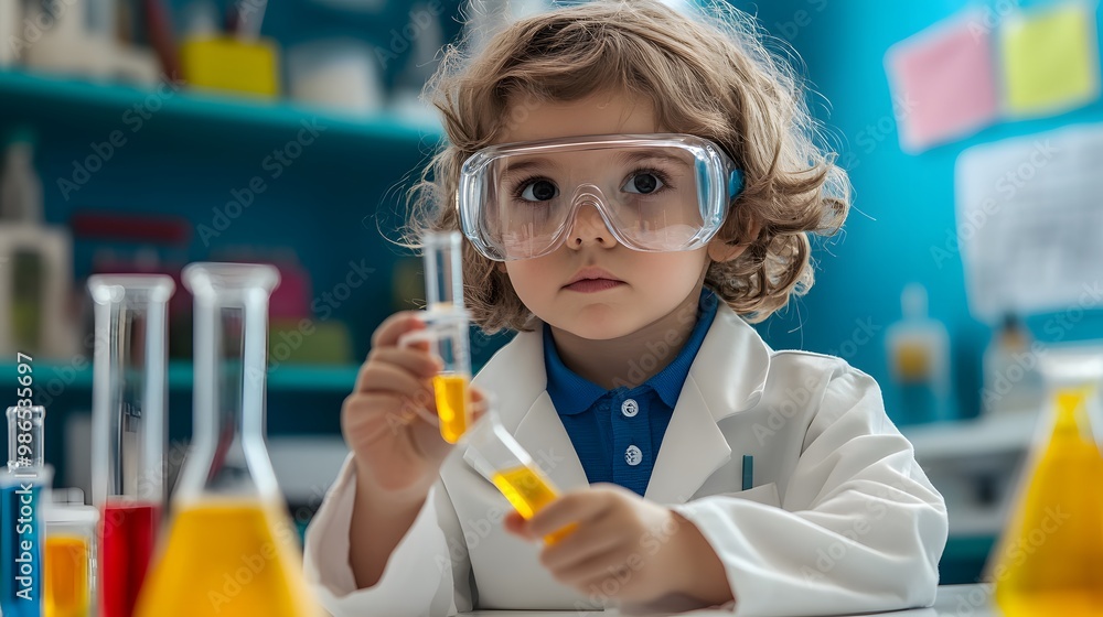 Young Scientist in Lab Coat Examining Yellow Liquid in Test Tube Young Scientist in Lab Coat Examining Yellow Liquid in Test Tube