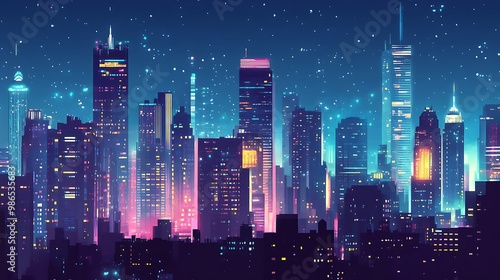 Cityscape with Neon Lights and a Starry Sky at Night