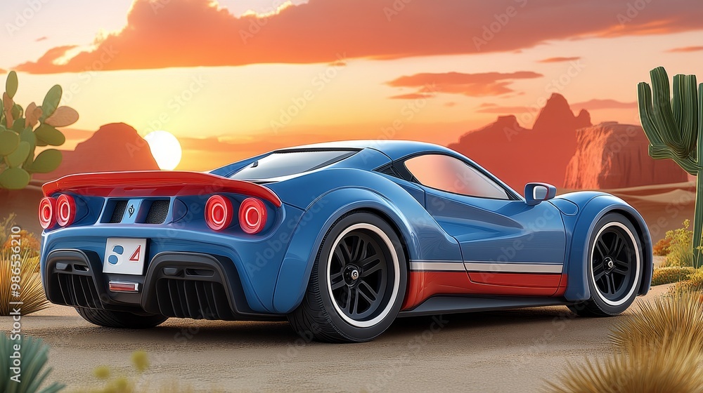 A vibrant blue sports car parked in a desert landscape under a breathtaking sunset. A vibrant blue sports car parked in a desert landscape under a breathtaking sunset.