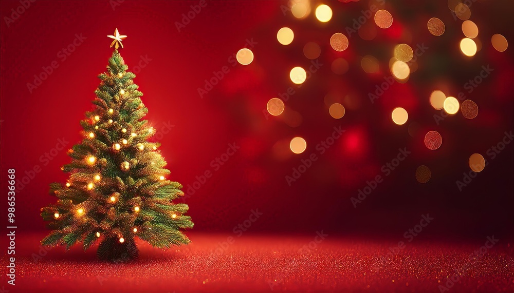 Christmas background with xmas tree and sparkle bokeh lights on red canvas background Christmas background with xmas tree and sparkle bokeh lights on red canvas background