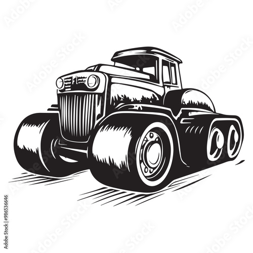 Road Roller Roller-Compactor or Steamroller cartoon Silhouette, compactor roller silhouettes. Heavy machinery for construction and mining