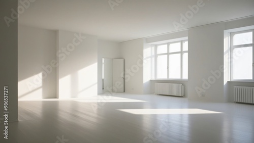 A stark white, minimalist room with clean lines and no furniture, bathed in soft, natural light