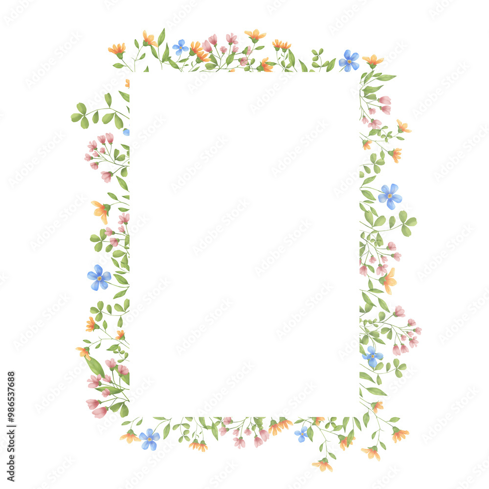 Cute wild flowers and leaves on a frame. Watercolor digital illustration. Light meadow flowers frame an elegant postcard, isolated on the background. Pink and yellow flowers and fragile leaves and Cute wild flowers and leaves on a frame. Watercolor digital illustration. Light meadow flowers frame an elegant postcard, isolated on the background. Pink and yellow flowers and fragile leaves and
