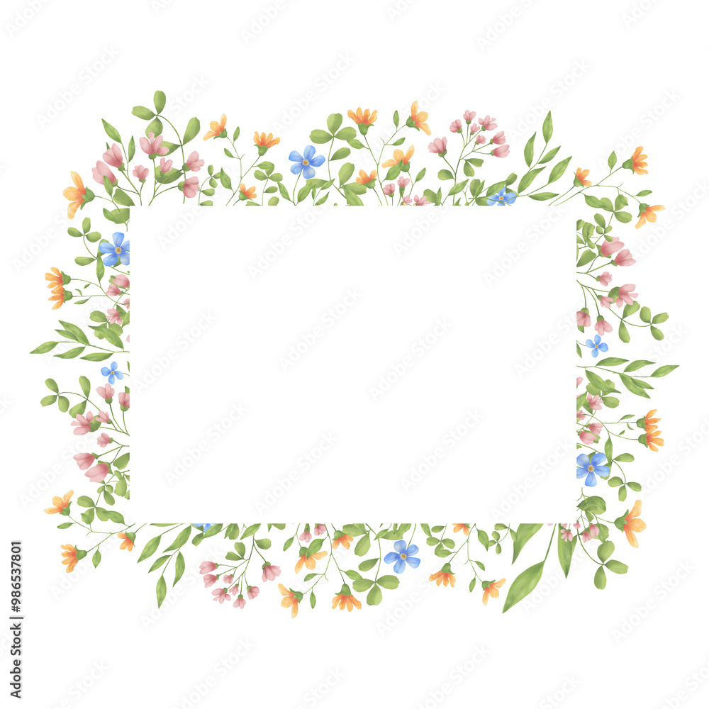 Cute wild flowers and leaves on a frame. Watercolor digital illustration. Light meadow flowers frame a horizontal postcard, isolated on the background. Watercolor flowers and fragile leaves and twigs Cute wild flowers and leaves on a frame. Watercolor digital illustration. Light meadow flowers frame a horizontal postcard, isolated on the background. Watercolor flowers and fragile leaves and twigs