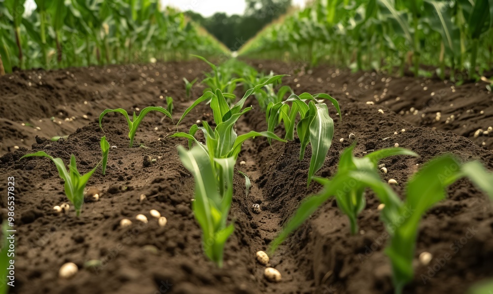 green corn seedlings growing in vast field, agricultural land with fertile soil, young maize plants thriving in cultivated field, fresh sprouts emerging from rich farmland green corn seedlings growing in vast field, agricultural land with fertile soil, young maize plants thriving in cultivated field, fresh sprouts emerging from rich farmland