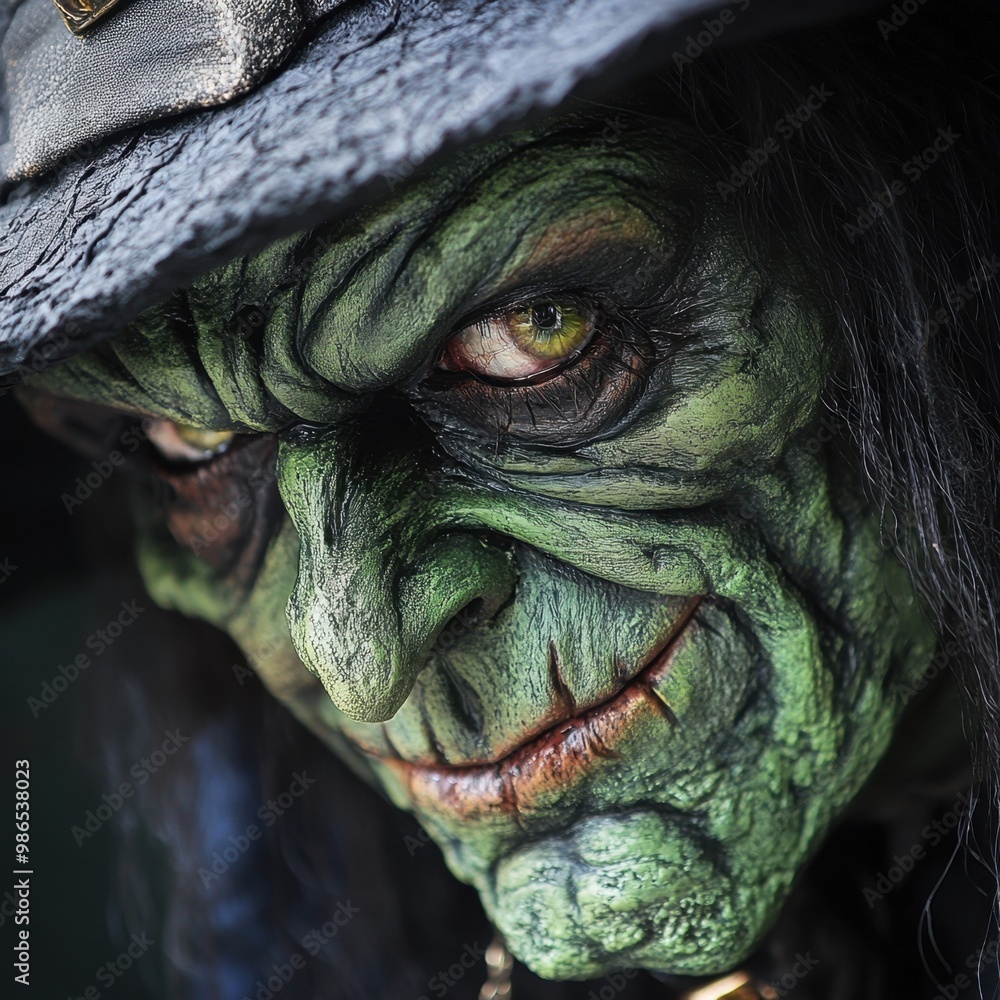 A detailed close up of a green skinned witch with an expressive face wearing a dark hat and wicked smile in a forest setting A detailed close up of a green skinned witch with an expressive face wearing a dark hat and wicked smile in a forest setting
