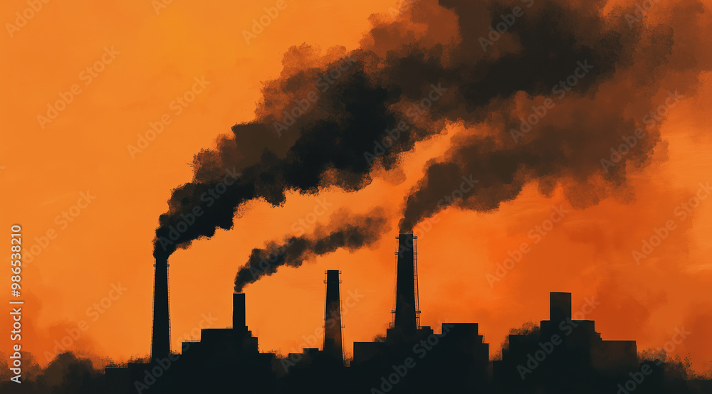 Silhouette of a city under global warming effect. Seeing the pollution from the chimney and smog all around the city. Silhouette of a city under global warming effect. Seeing the pollution from the chimney and smog all around the city.