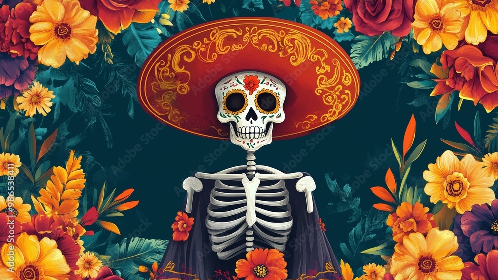 Day of dead Dia de Muertos ornamental frame with skeleton in sombrero flowers and Catrina Calavera. Mexican Halloween . Vector illustration Day of dead Dia de Muertos ornamental frame with skeleton in sombrero flowers and Catrina Calavera. Mexican Halloween . Vector illustration