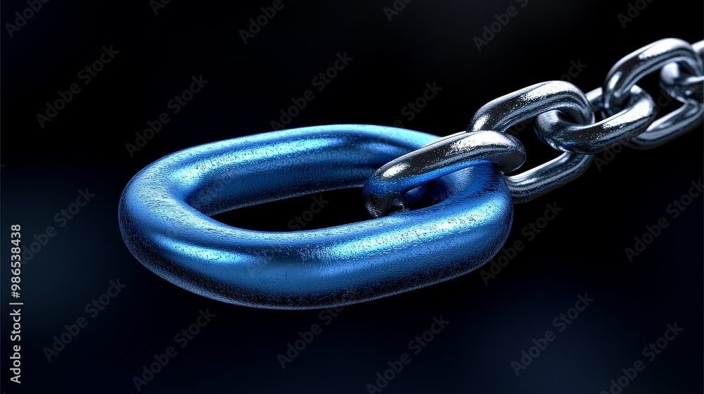 Obraz premium Close-up of a blue metal chain link, showcasing its shiny surface against a dark background. Ideal for themes of strength and connection.