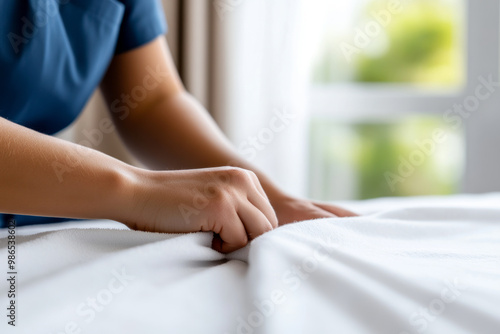 Close-up of Hands Adjusting Bed Sheets in a Sunlit Room