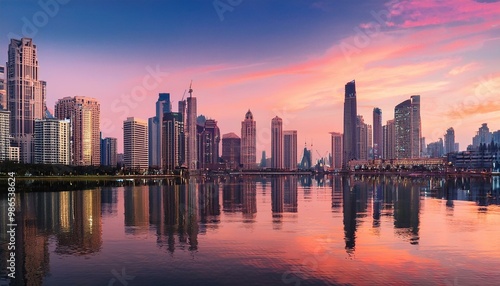 A metropolis city by the sea with sprawling skyscrapers and dramatic sunset in the backgroun; landscape photography