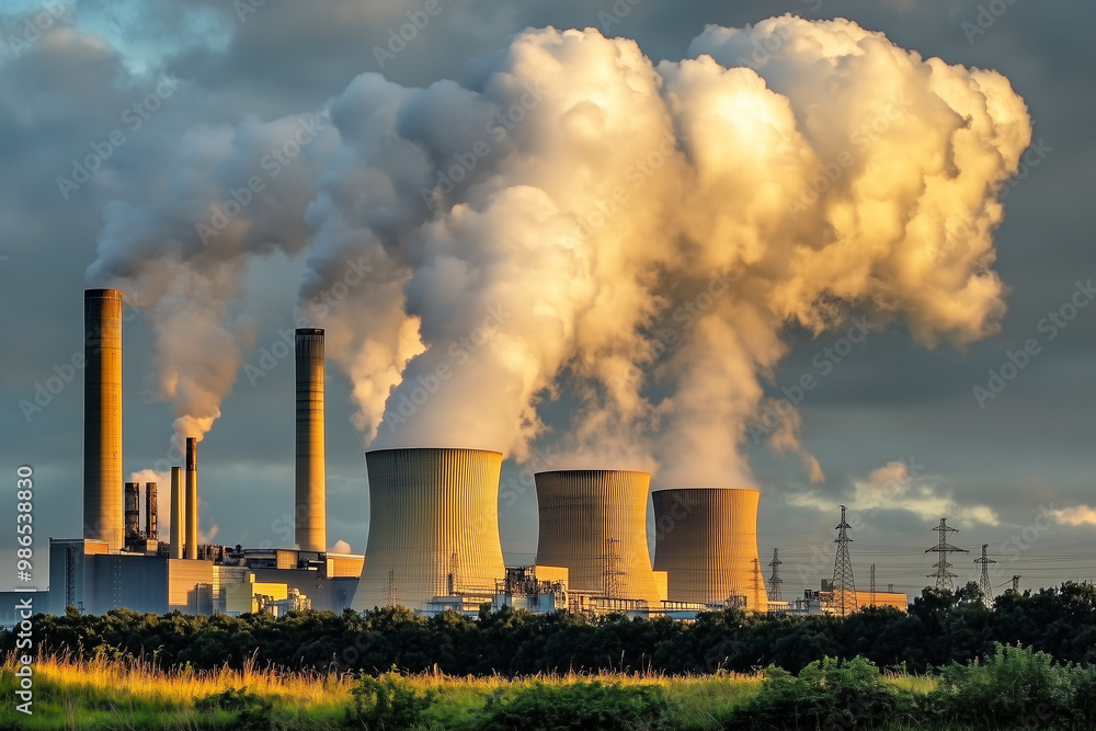 Aerial view of three cooling towers at a power plant with smoke plumes rising. Aerial view of three cooling towers at a power plant with smoke plumes rising.