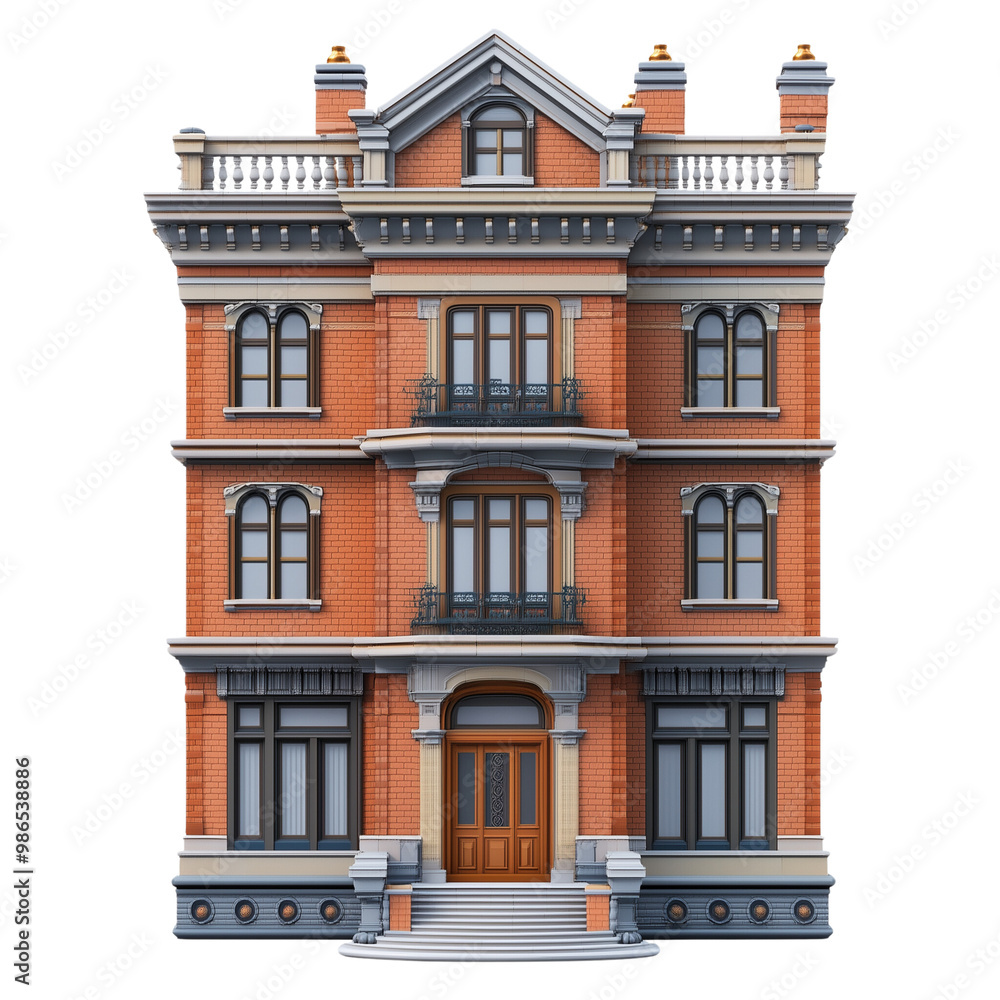 Fototapeta premium A classic brick building with detailed architecture isolated on transparent background