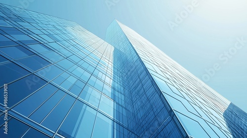 Sleek Glass Skyscraper Reflecting Blue Sky in Urban Landscape