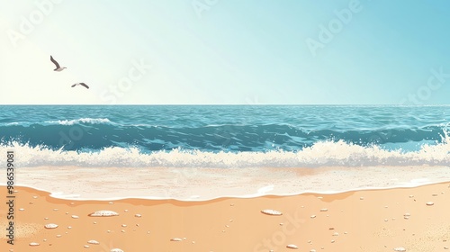 Seascape with Seagulls Flying Over Foamy Waves on a Sandy Beach