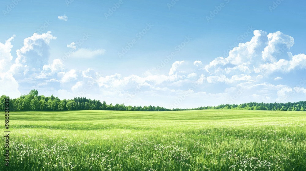 Fototapeta premium Expansive Green Meadow Under a Sky of White Clouds