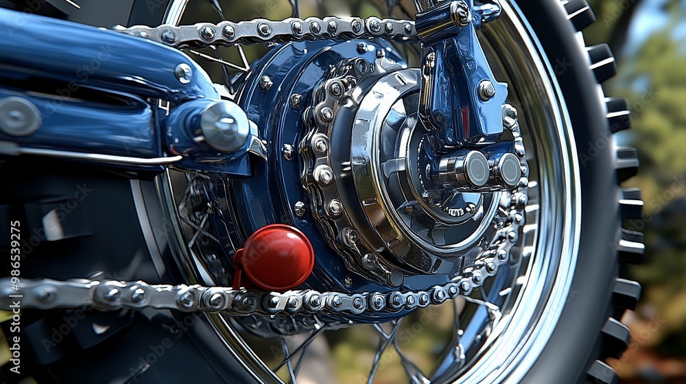 Obraz premium Close-up view of a motorcycle chain and sprocket, showcasing detailed mechanics and vibrant colors in a dynamic outdoor setting.