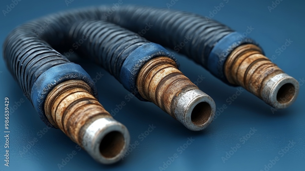 Close-up view of worn hydraulic hoses with metal fittings on a blue background, showcasing texture and industrial design. Close-up view of worn hydraulic hoses with metal fittings on a blue background, showcasing texture and industrial design.