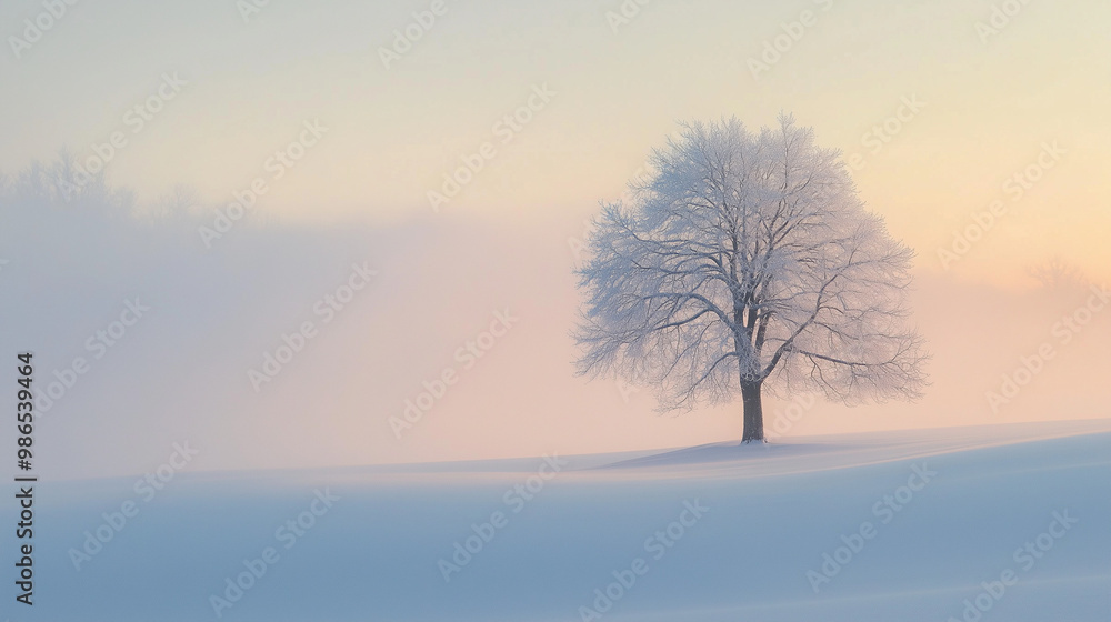 Misty snowy field with lone tree at soft winter sunrise Misty snowy field with lone tree at soft winter sunrise