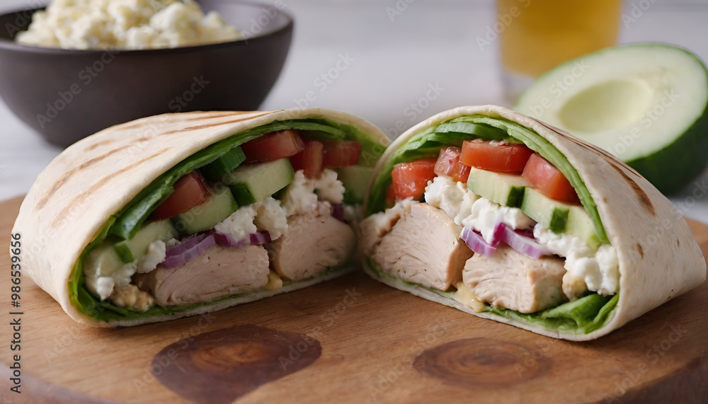 grilled chicken and hummus wrap with diced tomatoes, feta cheese, cucumber, and diced red onion. grilled chicken and hummus wrap with diced tomatoes, feta cheese, cucumber, and diced red onion.