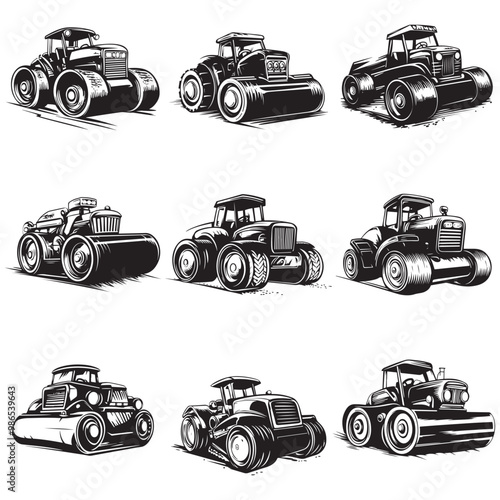 Road Roller Roller-Compactor or Steamroller cartoon Silhouette, compactor roller silhouettes. Heavy machinery for construction and mining
