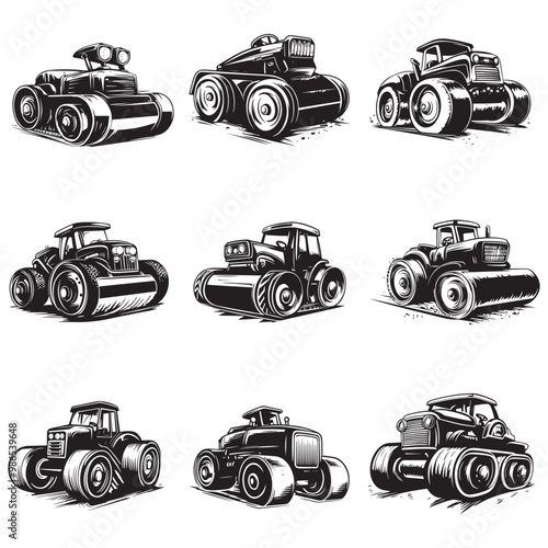 Road Roller Roller-Compactor or Steamroller cartoon Silhouette, compactor roller silhouettes. Heavy machinery for construction and mining