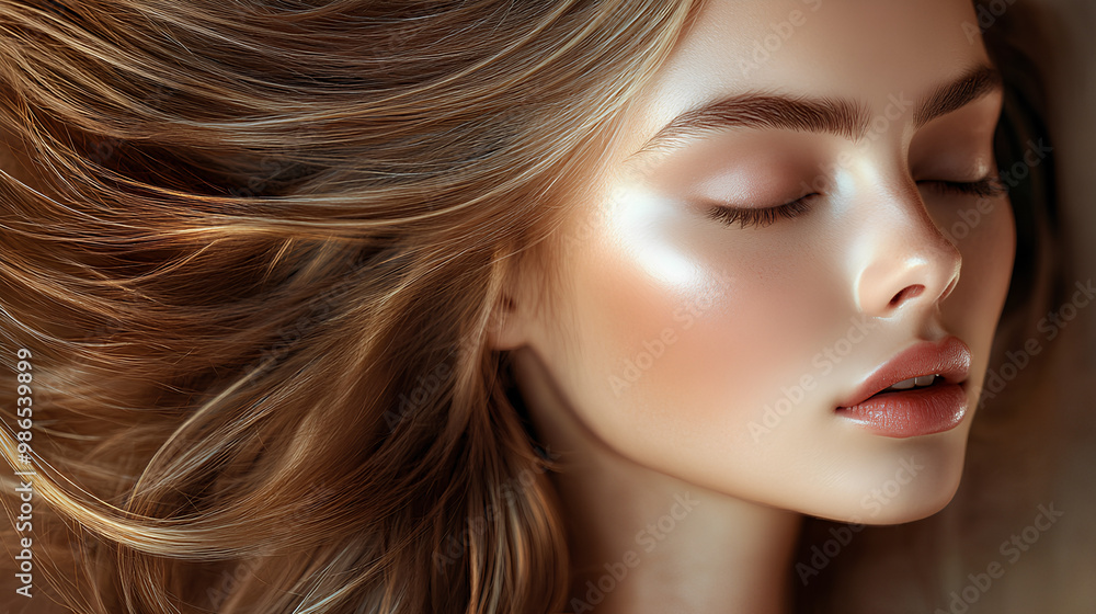 Obraz premium Close up of Beautiful Woman with Long Blonde Hair and Flawless Skin