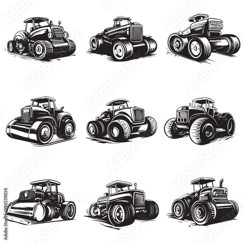 Road Roller Roller-Compactor or Steamroller cartoon Silhouette, compactor roller silhouettes. Heavy machinery for construction and mining
