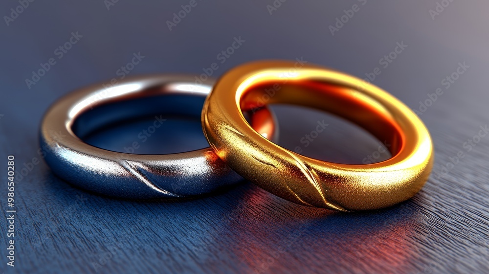 Elegant silver and gold wedding rings intertwined on a smooth surface, symbolizing love and unity for couples. Elegant silver and gold wedding rings intertwined on a smooth surface, symbolizing love and unity for couples.