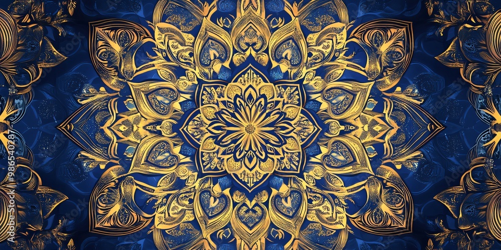 Intricate golden mandala pattern on a dark blue background. Intricate golden mandala pattern on a dark blue background.