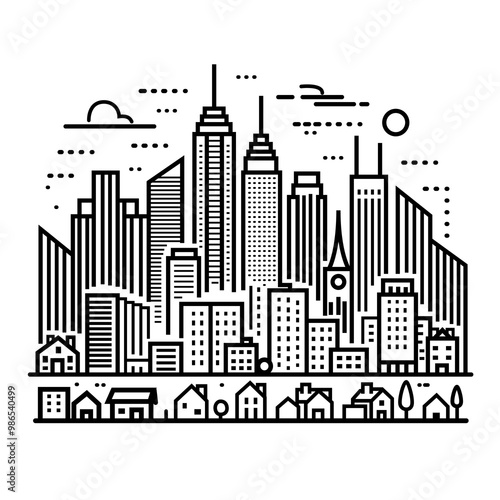 Vector illustration of a city skyline with skyscrapers and residential homes. Isolated stock image perfect for urban designs, real estate, or cityscape themes with a minimalist black and white