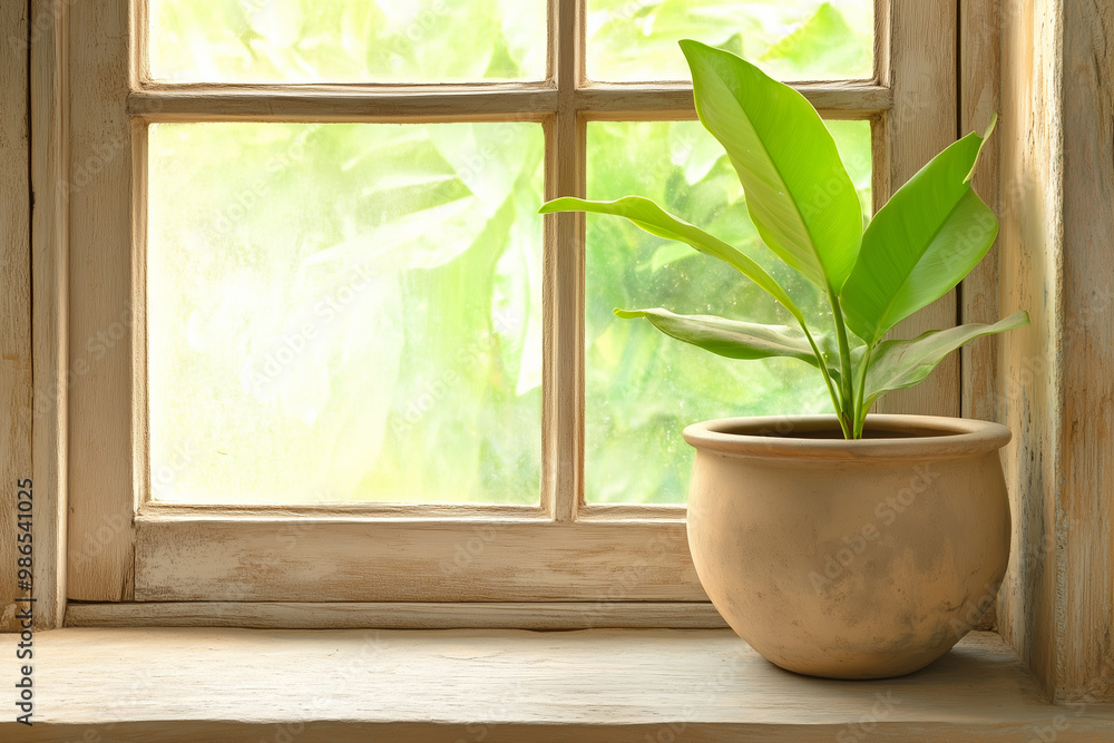 A potted plant sits on a wooden windowsill, basking in sunlight, surrounded by greenery A potted plant sits on a wooden windowsill, basking in sunlight, surrounded by greenery