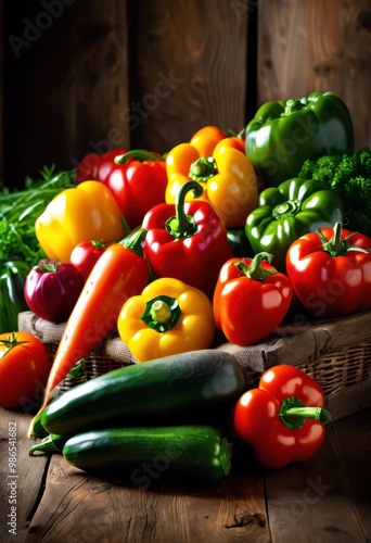 colorful vegetable display rustic wood background featuring fresh produce bright hues, arrangement, surface, natural, vibrant, organic, healthy, salad