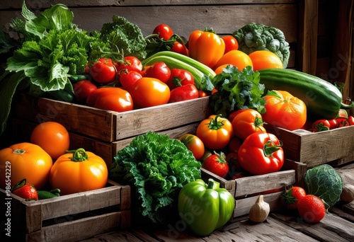 vibrant fresh produce arranged beautifully rustic wooden crates showcasing assortment colorful fruits vegetables, display, arrangement, market, organic