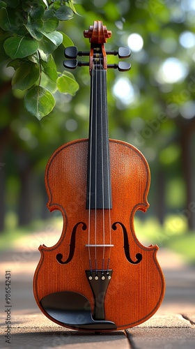 A beautifully crafted wooden violin stands elegantly in an outdoor setting, showcasing its rich tone and classic design.