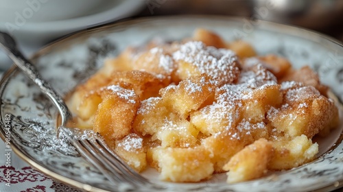 Kaiserschmarrn with Caramelized Sugar and Powdered Sugar on a Plate.