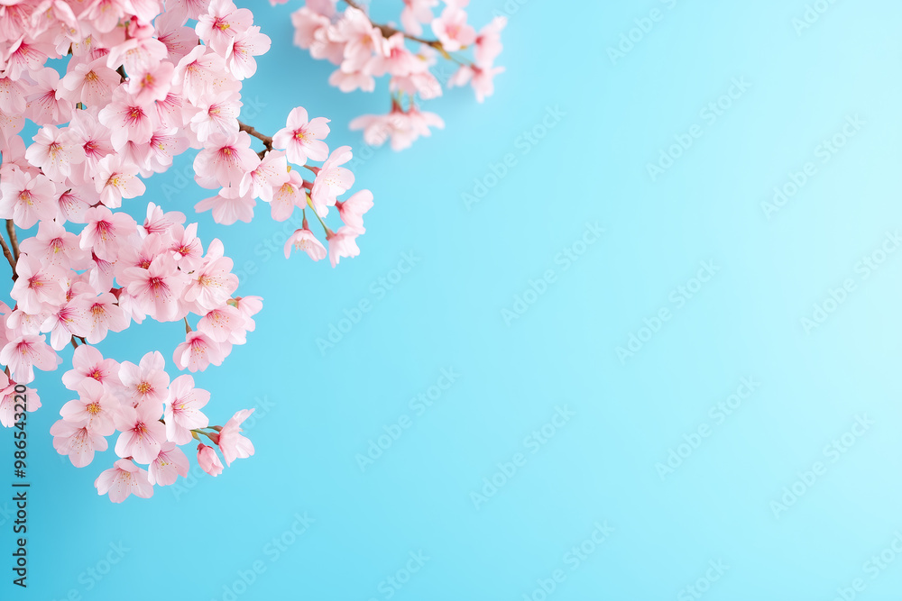 Beautiful cherry blossom branches against a bright blue background in springtime Beautiful cherry blossom branches against a bright blue background in springtime