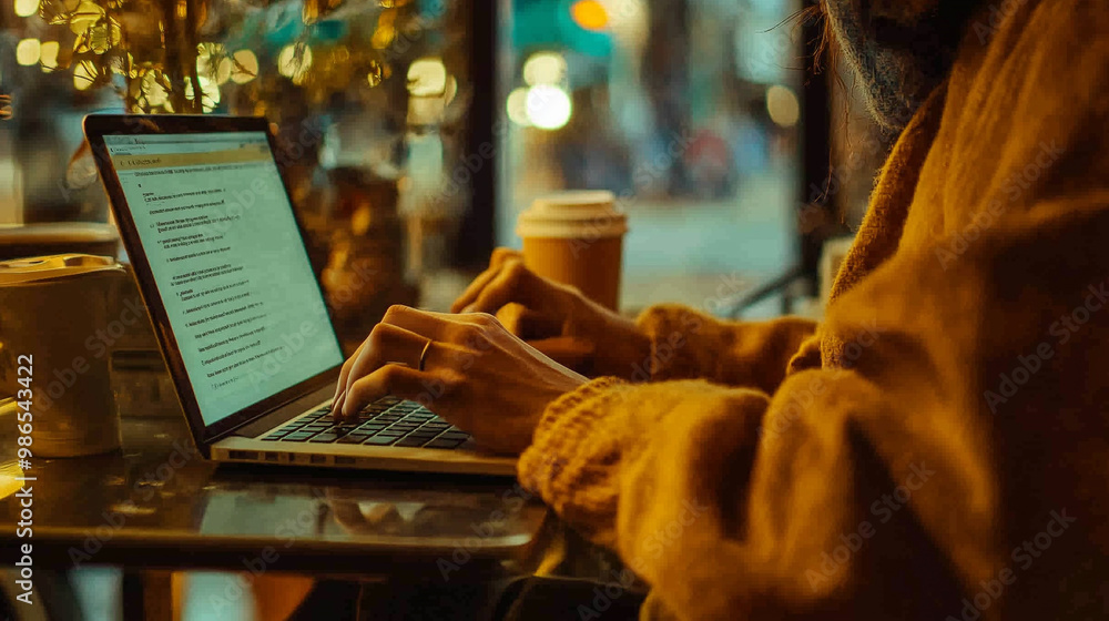 Writer Working in a Cozy Café, Typing on Laptop with Coffee and Notes Nearby Writer Working in a Cozy Café, Typing on Laptop with Coffee and Notes Nearby