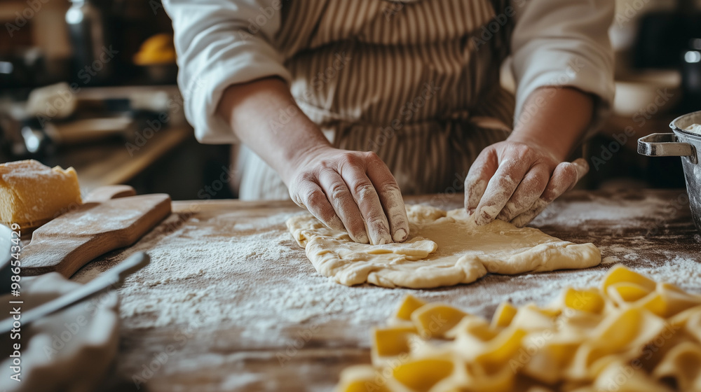 Traveler in Italy Rolling Pasta Dough in Traditional Kitchen during Cooking Class Traveler in Italy Rolling Pasta Dough in Traditional Kitchen during Cooking Class