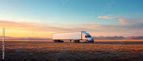 A truck drives along an empty highway at sunset in a vast desert landscape with mountains in the distance