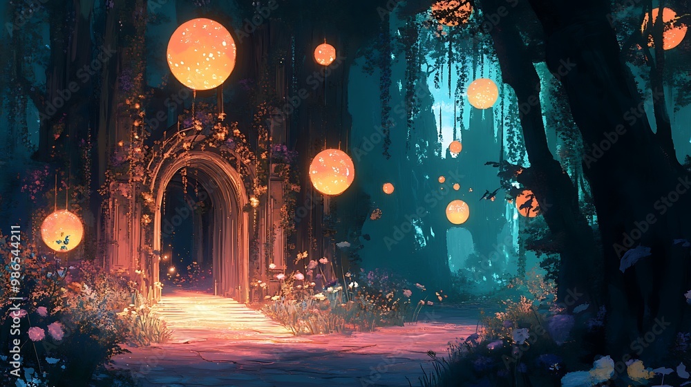 Glowing Orbs Illuminate A Mystical Forest Pathway