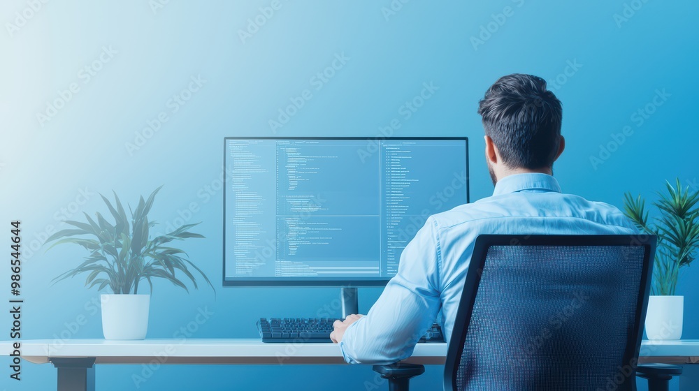 A man working at a computer with coding on the screen and plants on the desk, blue background. A man working at a computer with coding on the screen and plants on the desk, blue background.