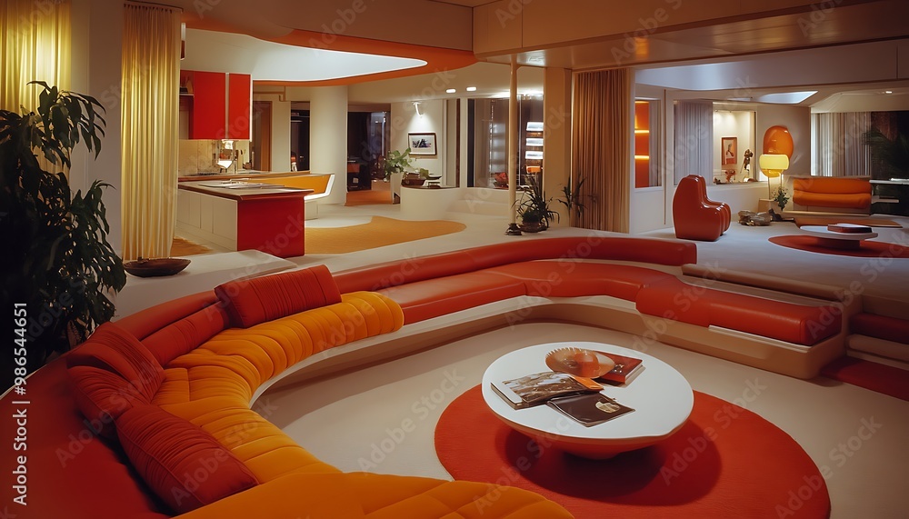 Retro 70s Living Room Interior Design with Orange and Red Curved Sofa ...