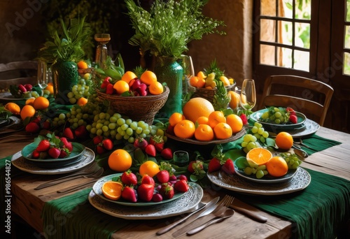 colorful vibrant table setting featuring fresh decorative elements lively dining experience, fruits, herbs, centerpiece, plates, glasses, napkins