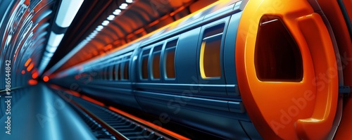 Futuristic subway train with vibrant orange accents, conveying motion through a sleek, modern underground environment. photo