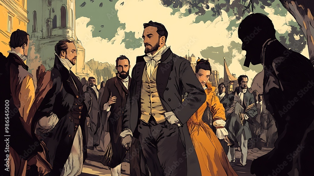 A group of men in 19th century attire walking down a street, with a woman in an orange dress.