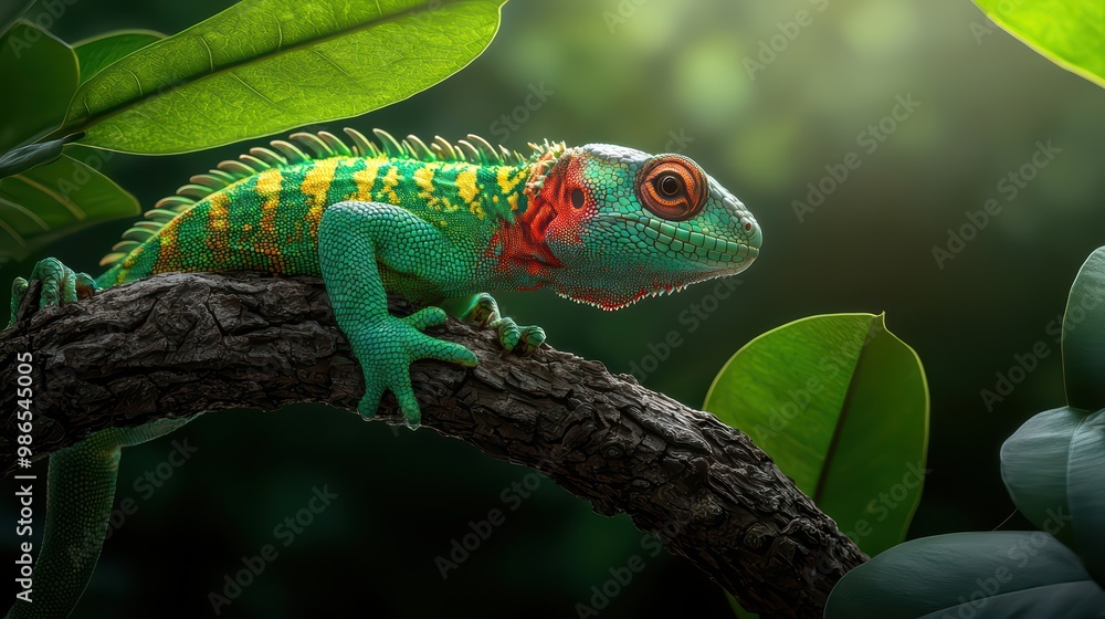 A vibrant gecko perched on a branch surrounded by lush green foliage. A vibrant gecko perched on a branch surrounded by lush green foliage.